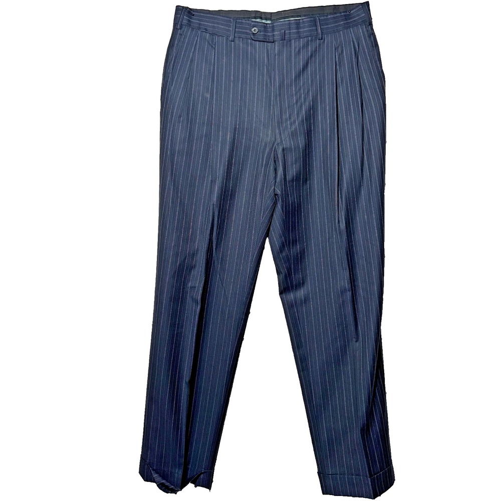 Bespoke Dress Pant Super 130s‎ Tailored Navy Stripped Wool Cuffed Sz W36x32.5